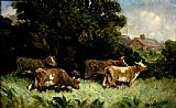 Pasture Canvas Paintings - five cows in pasture, rooftop in background